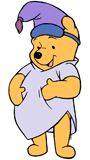 Winnie the Pooh wearing a nightshirt with a sleep mask