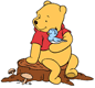Winnie the Pooh, bird on tree stump
