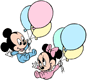 Baby Mickey, Minnie floating from balloons