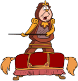 Cogsworth standing on Sultan the footstool