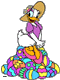 Daisy Duck sitting on a pile of Easter eggs