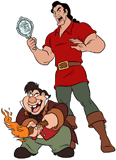 Gaston with the magic mirror, Lefou with a torch