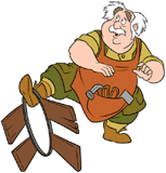 Maurice, wearing his work apron with tools, extracting himself from a broken barrel