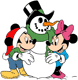 Mickey, Minnie, snowman
