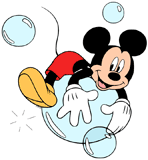 Mickey Mouse hanging onto a giant floating bubble