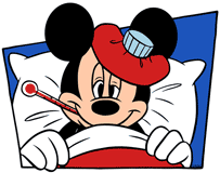 Mickey Mouse sick in bed with a thermometer in his mouth