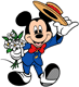 Mickey Mouse carrying a bouquet of flowers