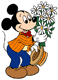 Mickey Mouse holding a bouquet of flowers