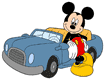Mickey Mouse leaning against his car