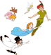 Peter Pan, Wendy, Michael, John, Tinker Bell flying