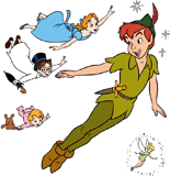 Peter Pan and Tinker Bell flying with the Darlings
