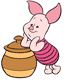 Piglet leaning on a honey pot