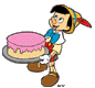 Pinocchio carrying a frosted cake