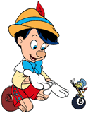 Pinocchio with Jiminy Cricket on the billiards eight ball