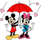 Mickey, Minnie standing under umbrella as it's raining hearts