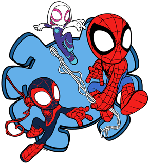 Spidey, Spin and Ghost-Spider swinging from webs