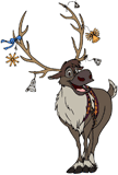 Sven wearing bells and bows in his antlers