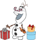 Olaf with candy cane nose surrounded by presents