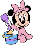 Baby Minnie on the beach with a sand bucket