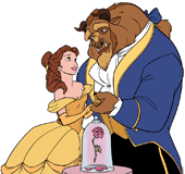 Belle and Beast holding hands by the enchanted rose