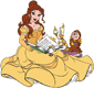 Belle, Chip, Lumiere and Cogsworth reading a book