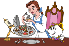 Belle trying the grey stuff with Lumiere, Mrs. Potts and Chip