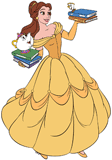 Belle carrying books with Mrs. Potts and Chip