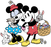 Classic Mickey and Minnie Mouse cuddling Easter bunnies