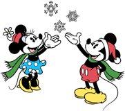 Classic Mickey and Minnie Mouse admiring falling snowflakes