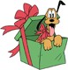 Classic Pluto wearing a bow in a Christmas present
