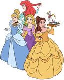 Ariel, Belle, Cinderella & Rapunzel with their friends