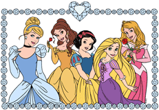 Disney Princesses Cinderella, Belle, Snow White, Rapunzel and Aurora in diamond frame