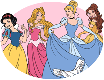 Disney Princesses Snow White, Aurora, Cinderella and Belle on pink background