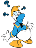 Confused Donald Duck with question marks around him
