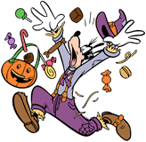 Goofy running scared with his Halloween candy