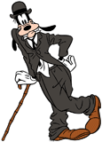 Goofy leaning on a cane in a baggy suit