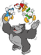 Gorilla juggling Huey, Dewey and Louie