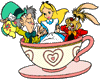 Alice, March Hare, Mad Hatter in spinning teacup