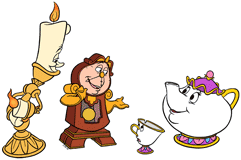 Lumiere, Cogsworth. Mrs. Potts and Chip