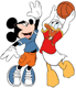 Mickey, Donald playing basketball