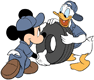 Mechanics Mickey Mouse and Donald Duck replacing a tire