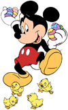 Mickey Mouse with chicks, holding Easter eggs