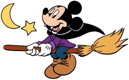 Mickey Mouse riding a flying broom in a vampire costume