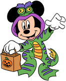 Mickey Mouse trick-or-treating in a lizard monster costume