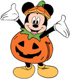 Mickey Mouse wearing a pumpkin costume for Halloween