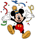 Mickey Mouse wearing a party hat with confetti all round