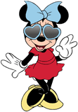 Minnie Mouse wearing blue heart-shaped sunglasses and a blue bow