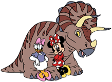 Minnie Mouse & Daisy Duck posing with a triceratops dinosaur