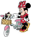 Minnie Mouse standing by her bicycle with Figaro in the basket