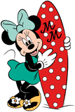 Minnie Mouse posing with her initialed surfboard